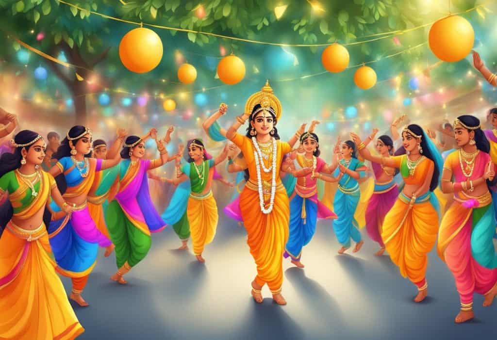 A colorful and vibrant festival scene with traditional decorations, music, and dancing to celebrate the cultural and social significance of Janmashtami