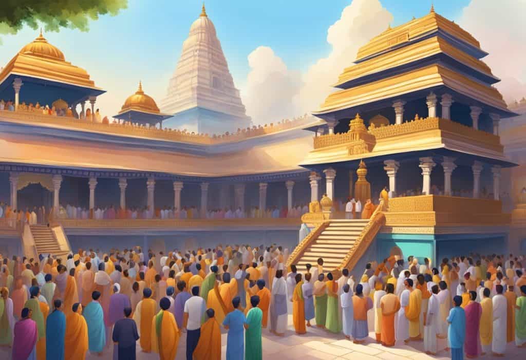 A crowded temple courtyard with people queuing, buying offerings, and singing devotional songs for Janmashtami celebrations