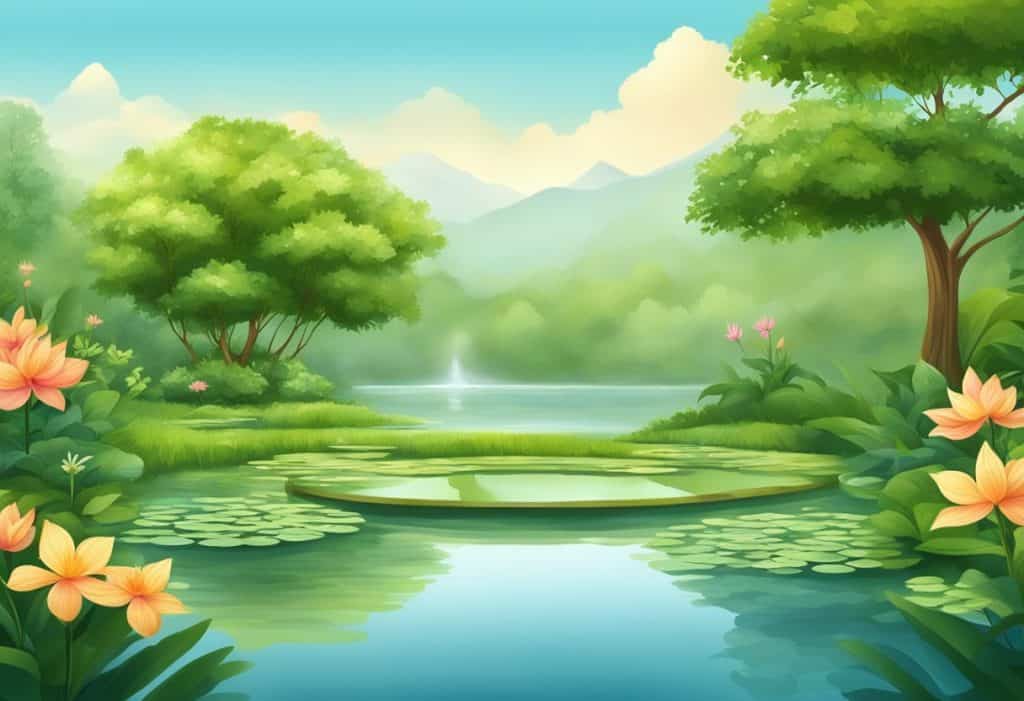 A serene garden with lush greenery and blooming flowers, a calm pond with gentle ripples, and a peaceful atmosphere embodying the essence of Kapha Dosha in Ayurveda