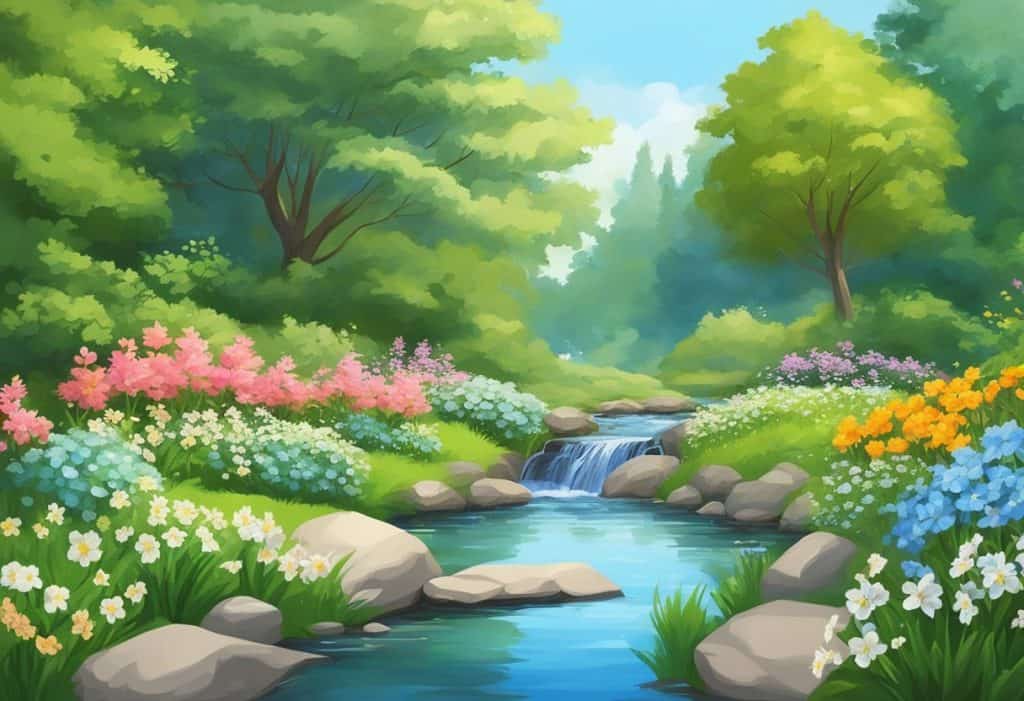 A serene garden with blooming flowers and a gentle stream, surrounded by lush greenery and a clear blue sky