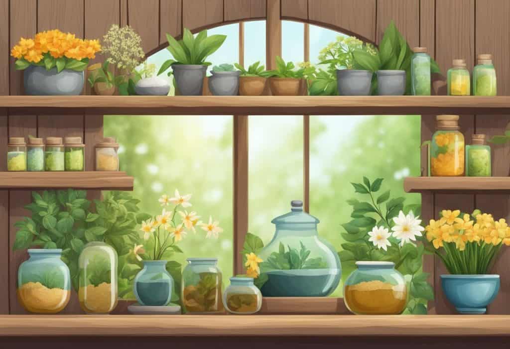 A serene garden with blooming flowers, an herbal apothecary, and traditional Ayurvedic healing tools and remedies displayed on wooden shelves
