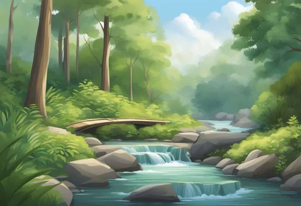 A serene, peaceful setting with calming natural elements like flowing water, lush greenery, and gentle, soothing colors