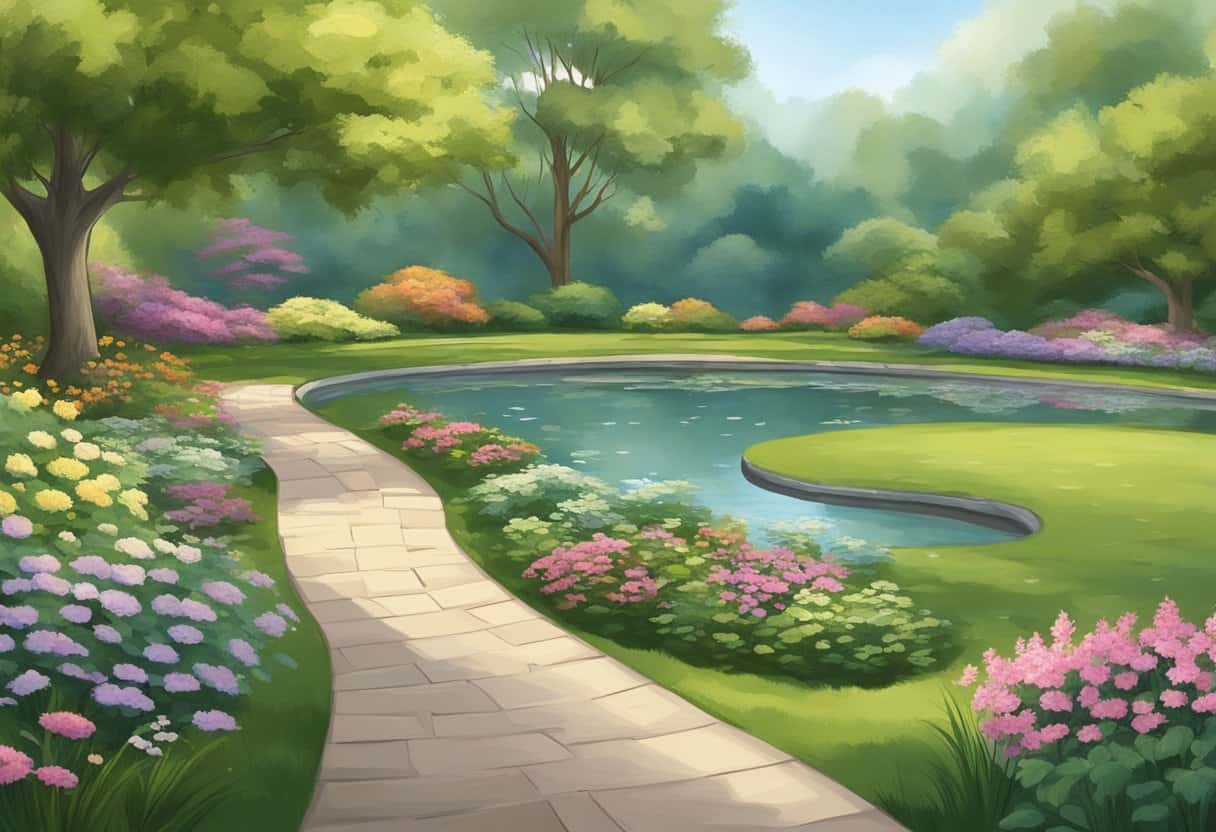 A serene garden with a winding path, blooming flowers, and a tranquil pond reflecting the surrounding trees