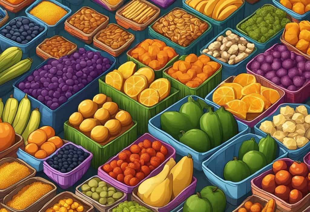 A vibrant market stall displays a variety of tamasic foods in colorful packaging and baskets, creating a visually appealing and appetizing scene