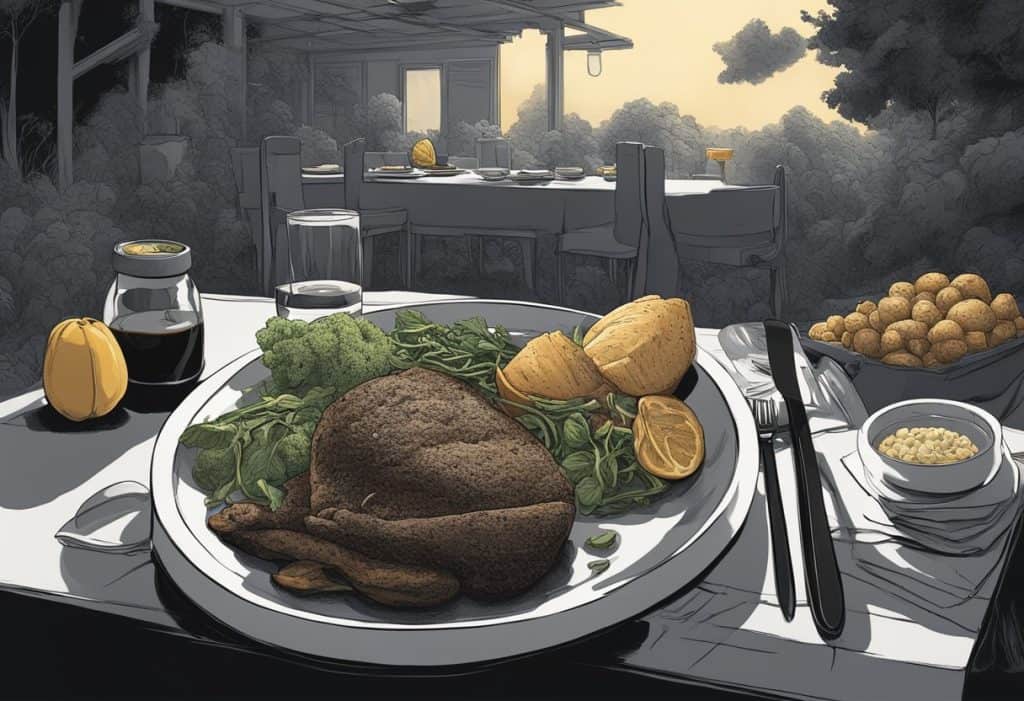 A dark, heavy meal surrounded by dull, lifeless surroundings