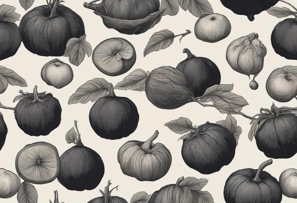 A dark, heavy atmosphere with dull, earthy colors. Rotting fruits and decaying vegetables. A sense of stagnation and heaviness