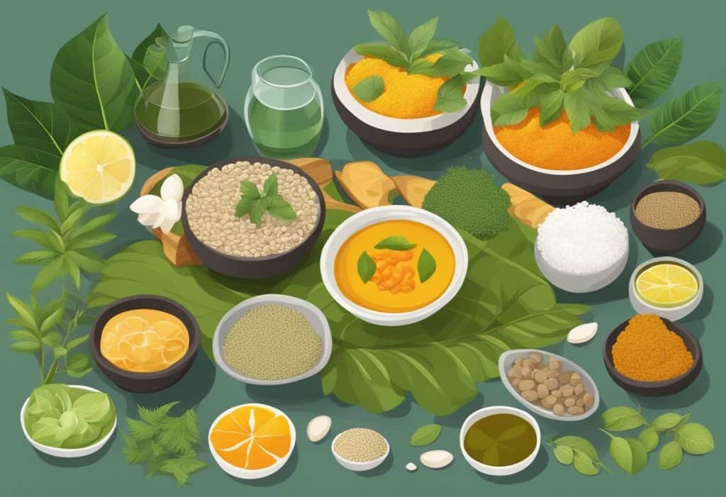 A table set with traditional Ayurvedic foods, surrounded by calming natural elements like plants and water
