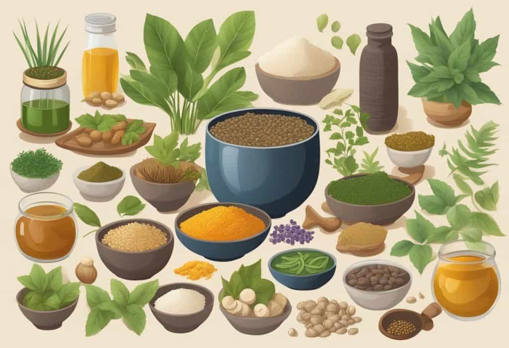 A serene setting with a variety of tamasic foods, such as processed and canned items, surrounded by images of Ayurvedic symbols and herbs