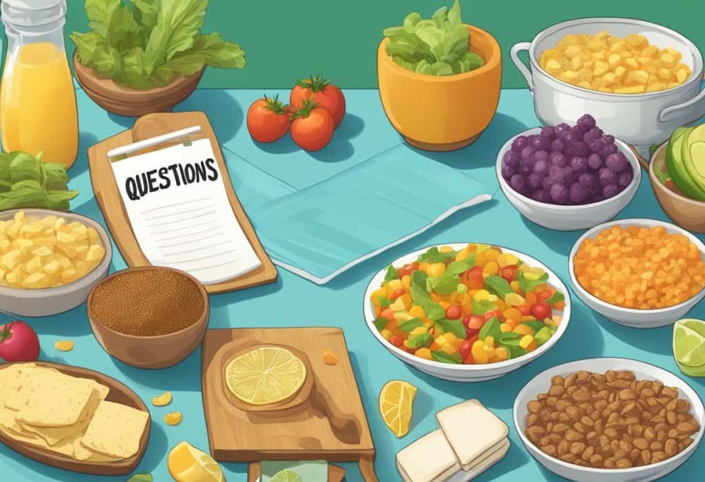 A table with various tamasic foods and a sign saying "Frequently Asked Questions alimentos tamásicos" displayed in a bright, organized space