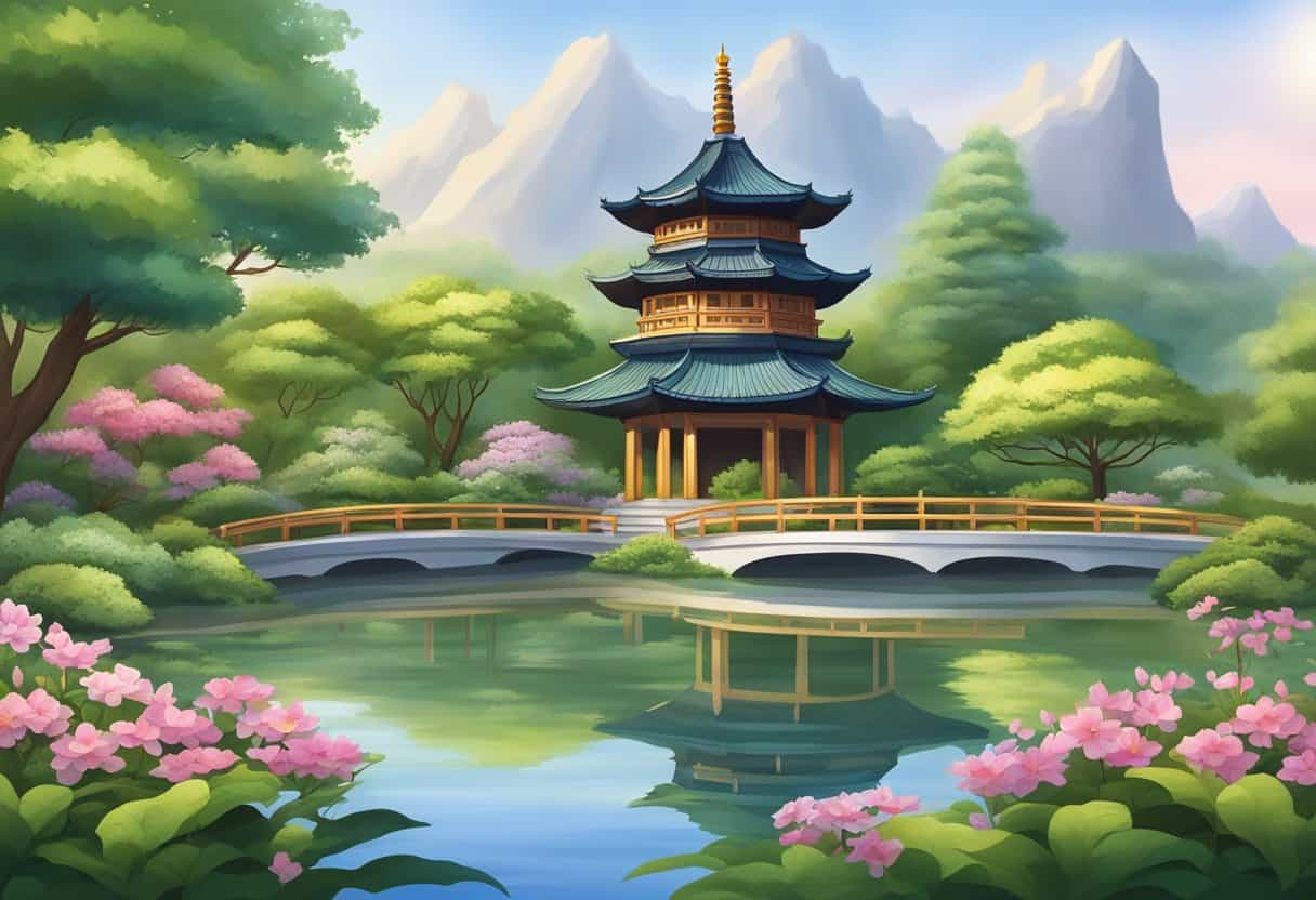 A tranquil garden with a traditional Chinese pagoda surrounded by lush greenery and blooming flowers, with a serene pond reflecting the pagoda's image