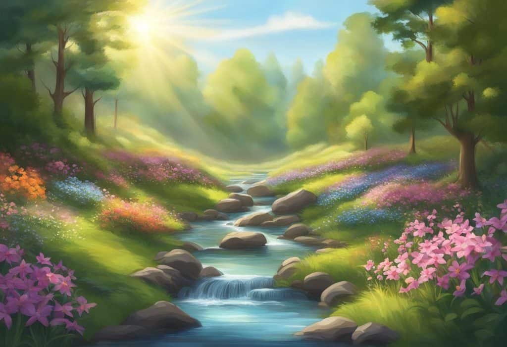 A serene forest clearing with a gentle stream, sunlight filtering through the trees, and colorful flowers in bloom