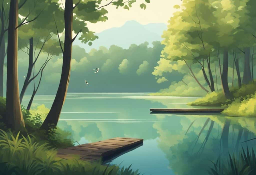 A serene forest with a still lake reflecting the surrounding trees, with a gentle breeze rustling the leaves and the sound of birds chirping in the distance
