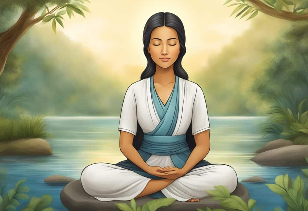 Samantha's integration with Vipassanā samatha: serene meditation, focused breath, stillness, and inner peace