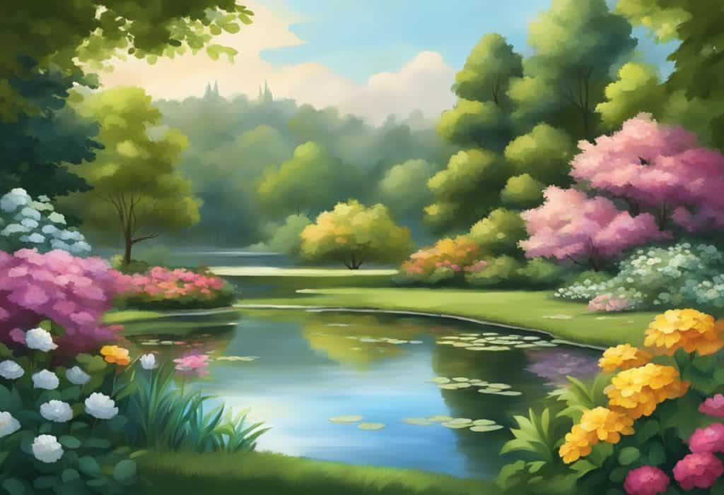A serene landscape with a tranquil pond, surrounded by lush greenery and colorful flowers, with a sense of stillness and peace in the air