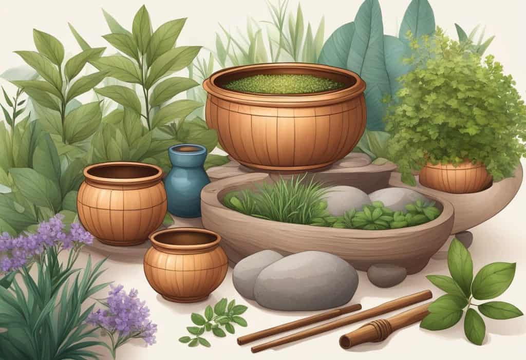 A serene garden with herbs, oils, and traditional tools for Ayurvedic healing, including copper vessels and wooden massage tools