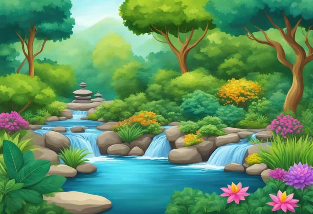 A serene garden with a flowing stream, surrounded by vibrant plants and trees representing the three doshas in Ayurveda
