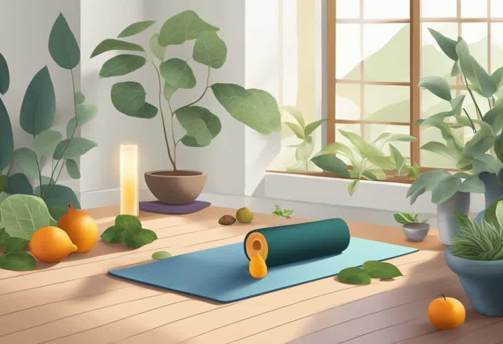 A serene setting with Ayurvedic herbs, fruits, and a yoga mat, representing a balanced lifestyle