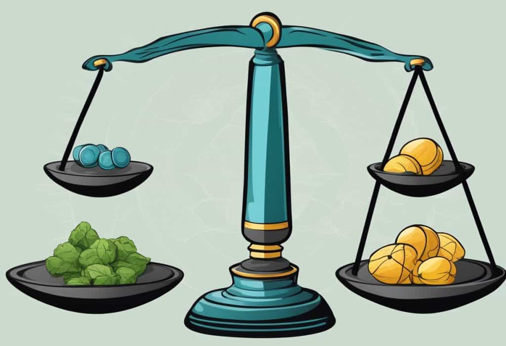 A balance scale with three unequal weights representing the three doshas, surrounded by symbols of related illnesses