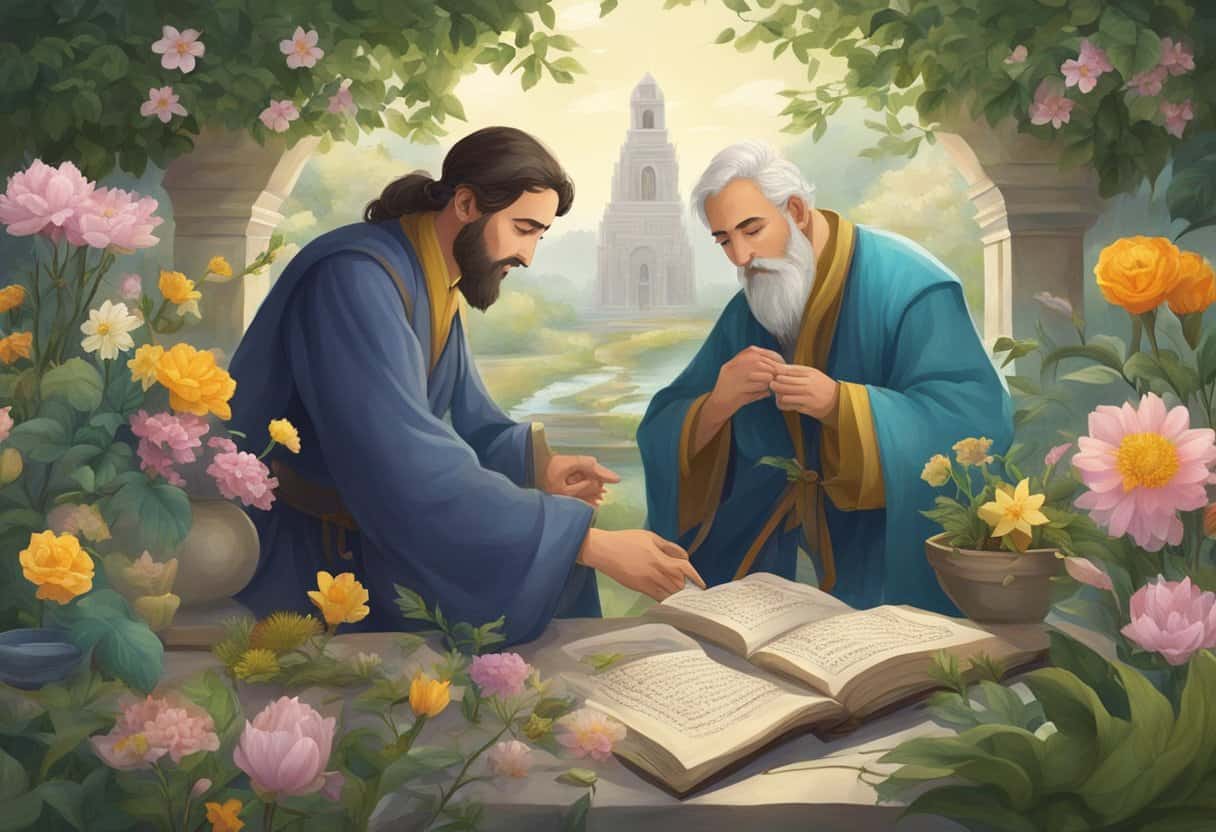 Two alchemists exchange knowledge in a tranquil garden, surrounded by blooming flowers and ancient texts