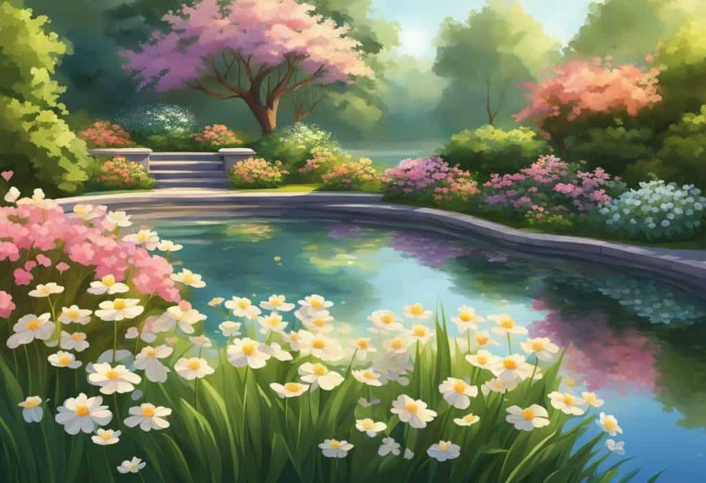 A serene garden with blooming flowers and a tranquil pond, surrounded by lush greenery and bathed in warm sunlight
