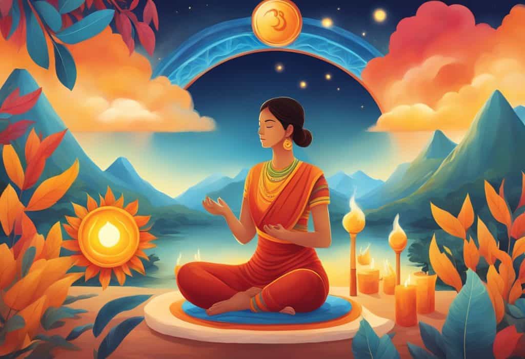 A vibrant pitta ayurveda scene with fiery red and yellow tones, featuring a sun symbol, cooling blue hues, and images of digestion and metabolism