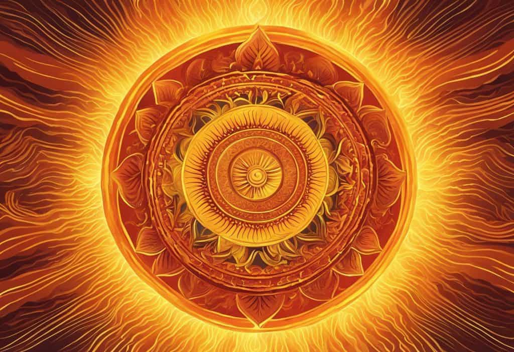 Bright red and yellow flames dance around a golden sun, symbolizing the fiery and intense nature of Pitta in Ayurveda