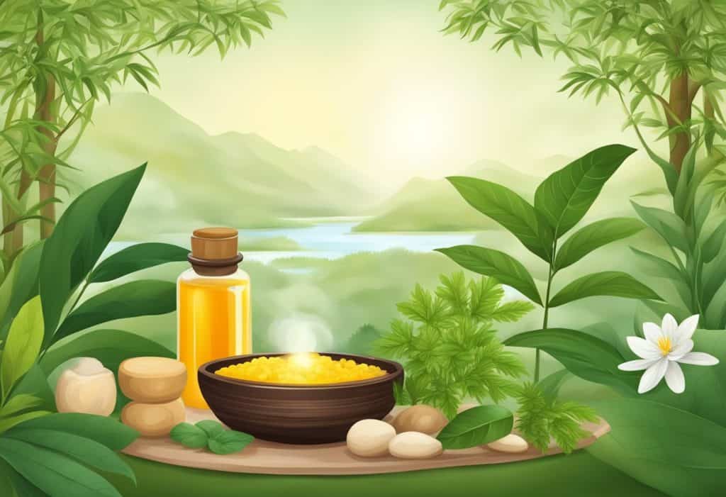 A serene setting with Ayurvedic herbs and natural products for personal care, promoting a sense of well-being and prevention