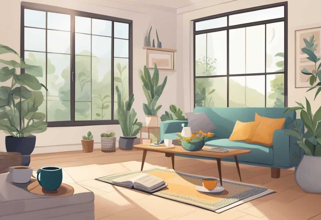 A peaceful morning scene with a cozy living space, a yoga mat, herbal teas, and a journal for reflection