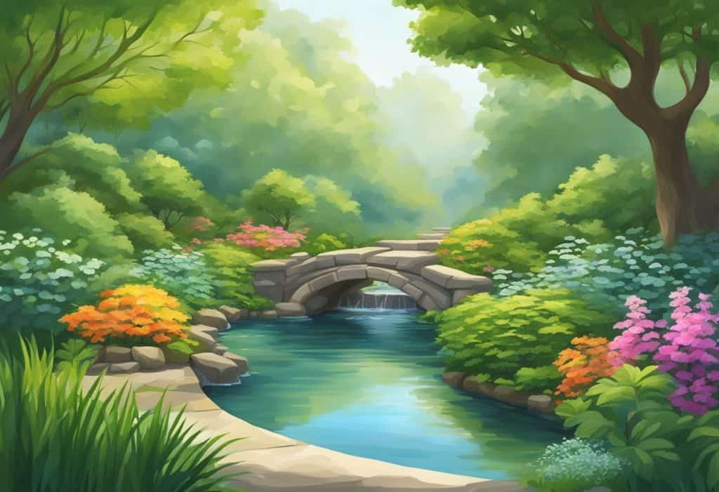 A serene garden with flowing water, lush greenery, and a sense of balance and harmony