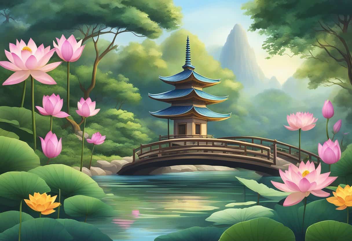 A serene garden with a flowing stream, blooming lotus flowers, and a tranquil pagoda nestled among lush greenery