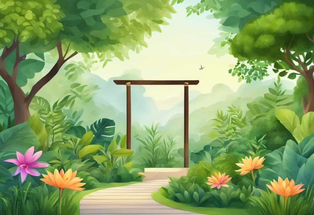 A serene garden with a sign "Frequently Asked Questions vata ayurveda" surrounded by lush greenery and calming elements