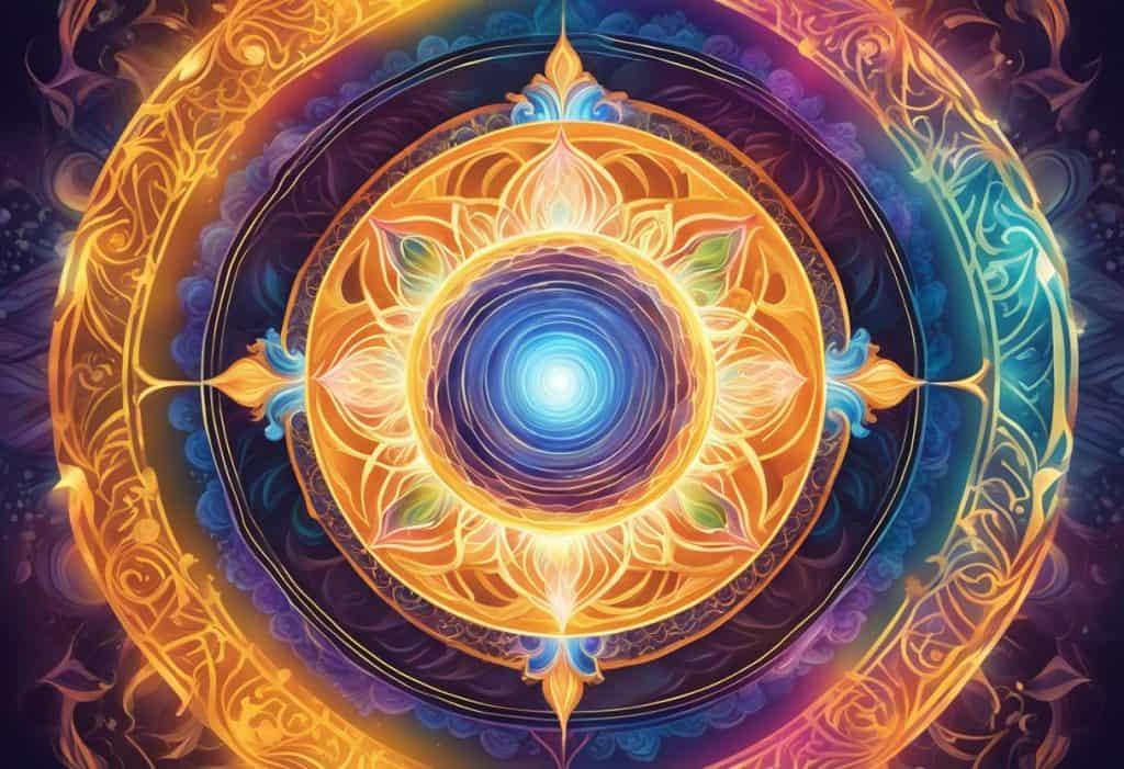 A glowing orb radiates energy, surrounded by swirling patterns and vibrant colors, symbolizing the concept of Prana or life force in Hinduism