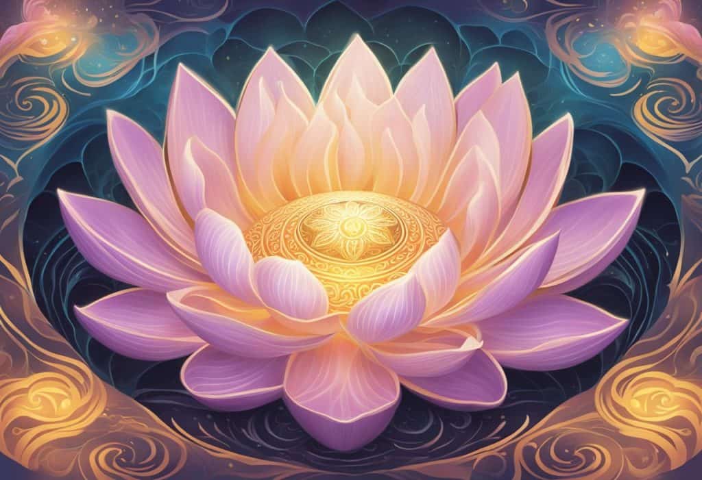 A glowing orb of energy emanates from a lotus flower, surrounded by swirling patterns representing the flow of Prana in Hinduism