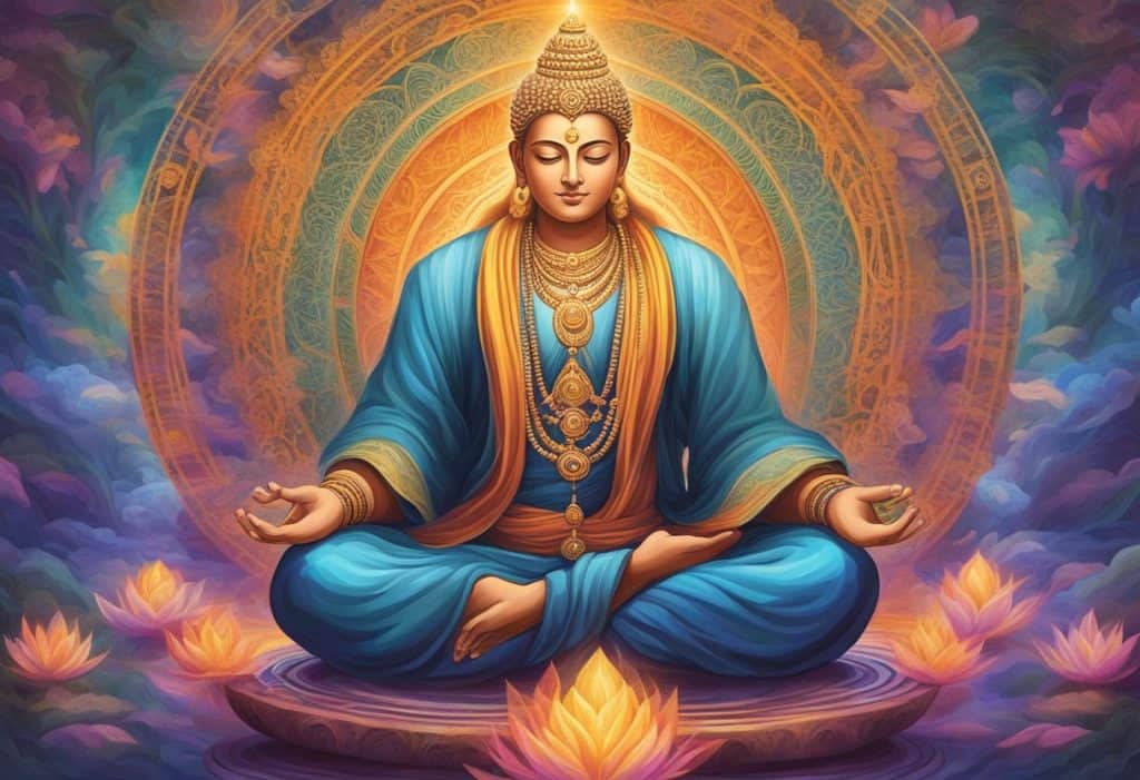 A serene figure meditates, surrounded by flowing energy and vibrant colors, symbolizing the spiritual and physical practices of Prana in Hinduism