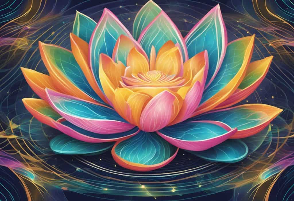 A vibrant lotus flower blooms, surrounded by swirling energy lines representing the Hindu concept of Prana, the life force