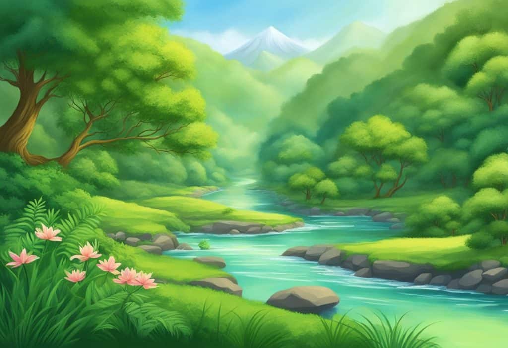 A serene landscape with flowing rivers and lush greenery, embodying the concept of Prana as the life force in Hinduism