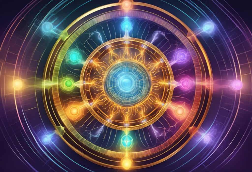 A glowing, colorful wheel of energy emanates from the center of the body, representing the chakras of the human body