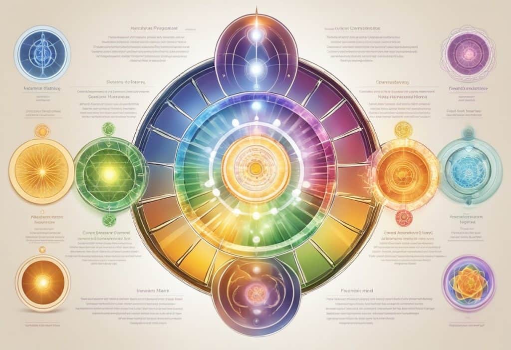 Seven colorful energy centers, each with a unique symbol, aligned along the spine, representing the fundamental chakras of the human body