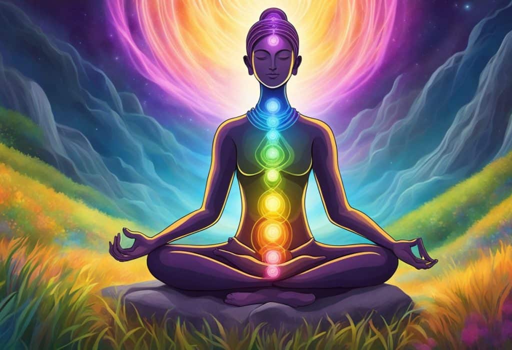A serene figure meditates in a field, surrounded by vibrant energy swirling around them, representing the harmonization of the body's chakras