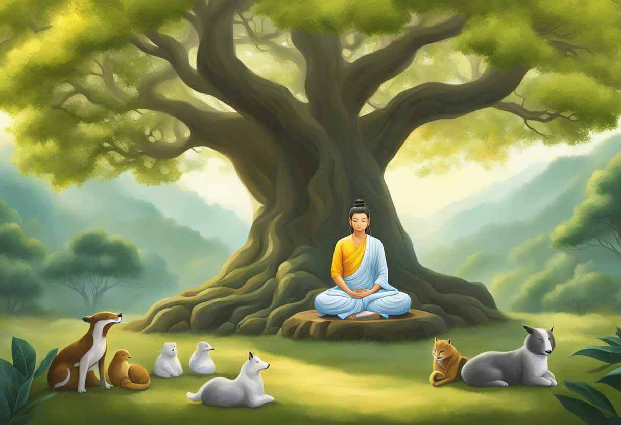 Bodhisattva practicing meditation under a Bodhi tree, surrounded by serene nature and animals, with a peaceful and enlightened expression