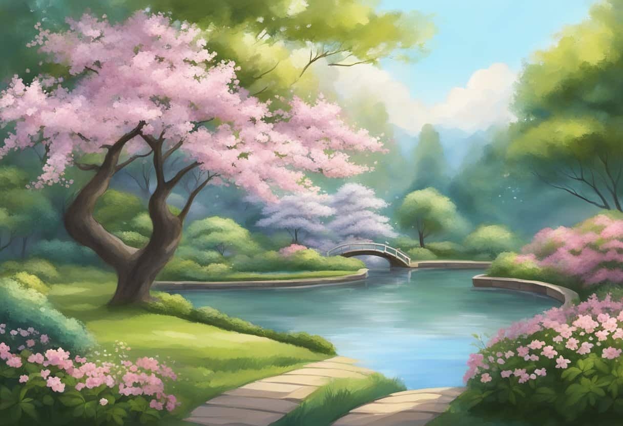 A serene garden with blooming cherry blossoms and a tranquil pond surrounded by lush greenery