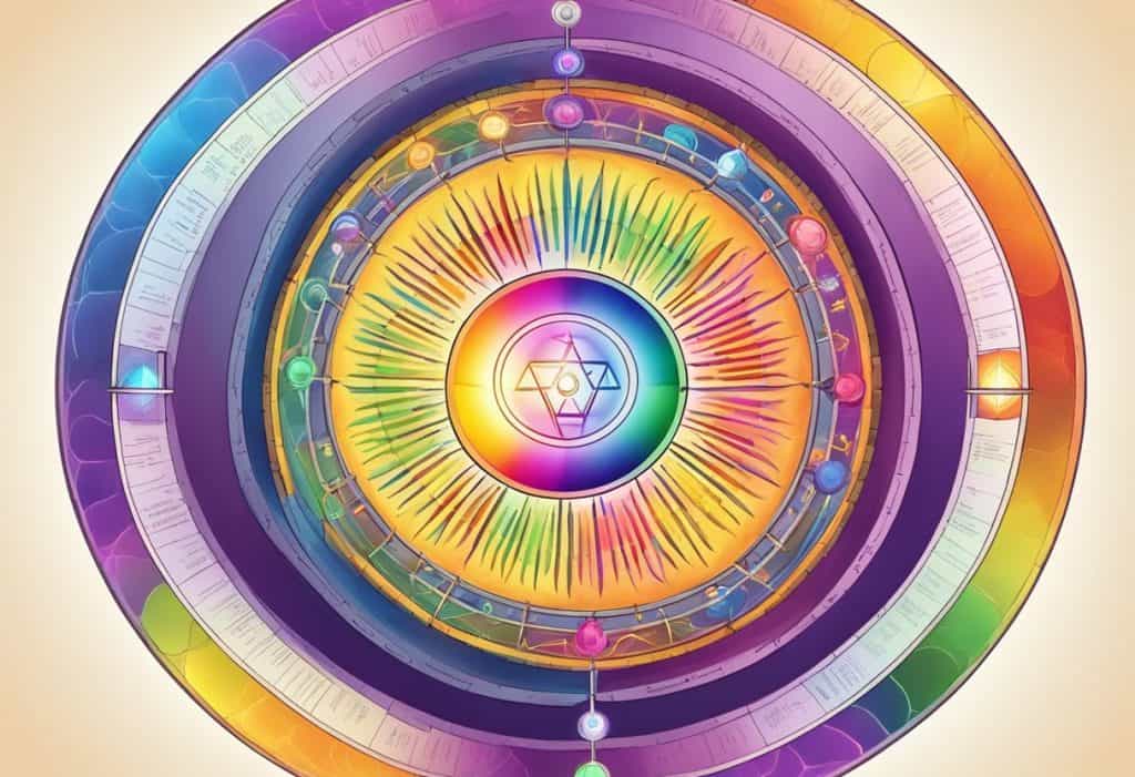 A glowing, multicolored wheel of energy radiates from the center, representing the seven chakras of the human body and their influence on physical and emotional health