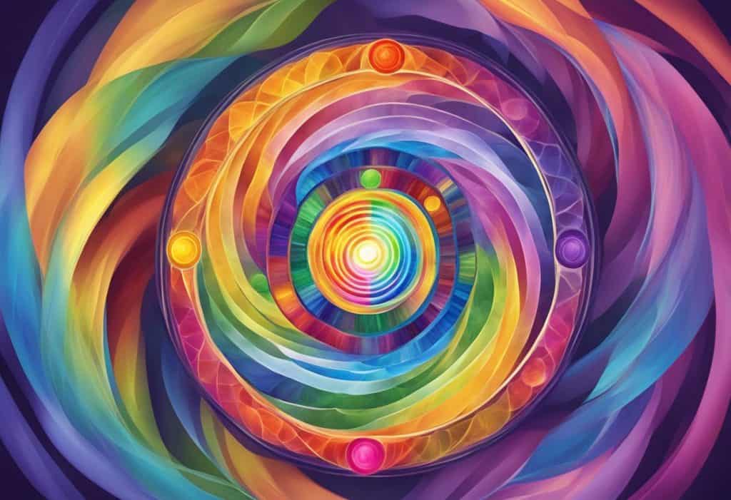 A colorful, swirling vortex of energy representing the seven chakras of the human body