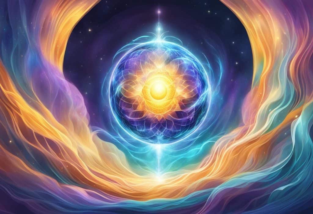 A glowing orb of prana shakti radiates energy, surrounded by swirling colors and pulsating waves of light