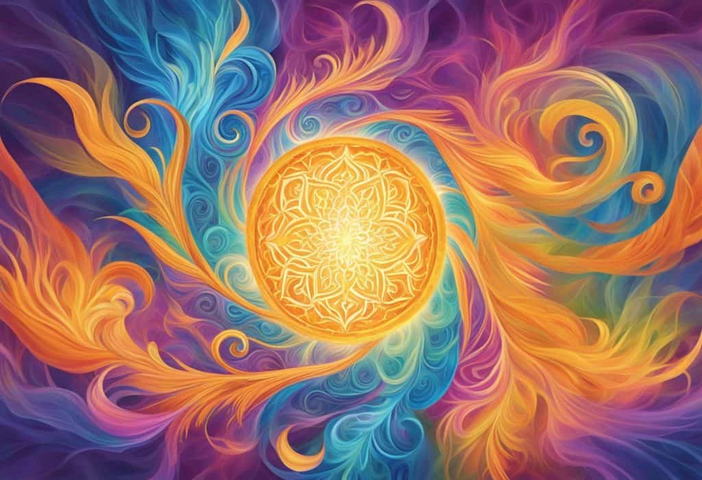 Prana Shakti flows through swirling energy patterns, radiating vibrant colors and pulsing with life force