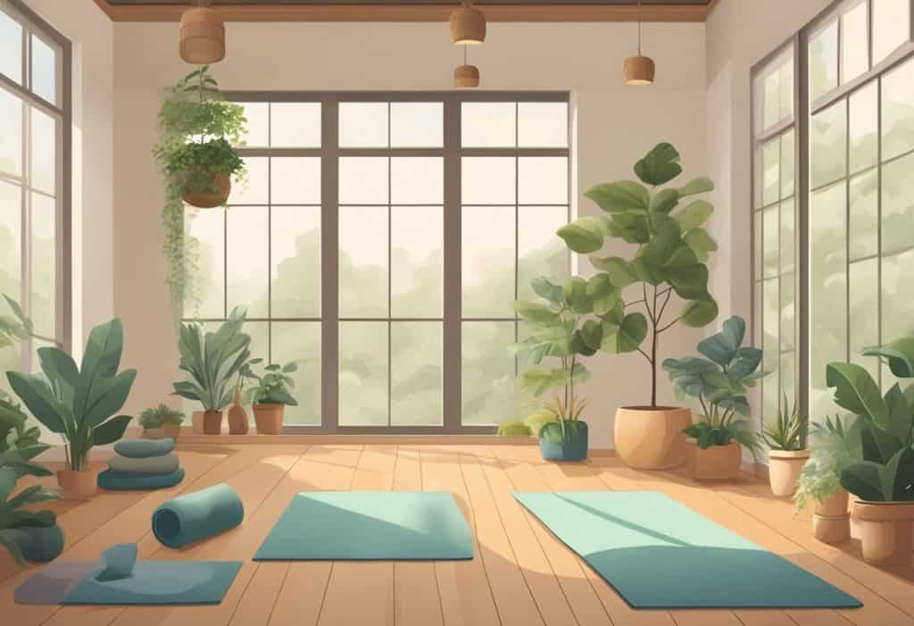 A serene yoga studio with natural light, plants, and calming music. Mats and props neatly arranged, creating a peaceful and inviting atmosphere