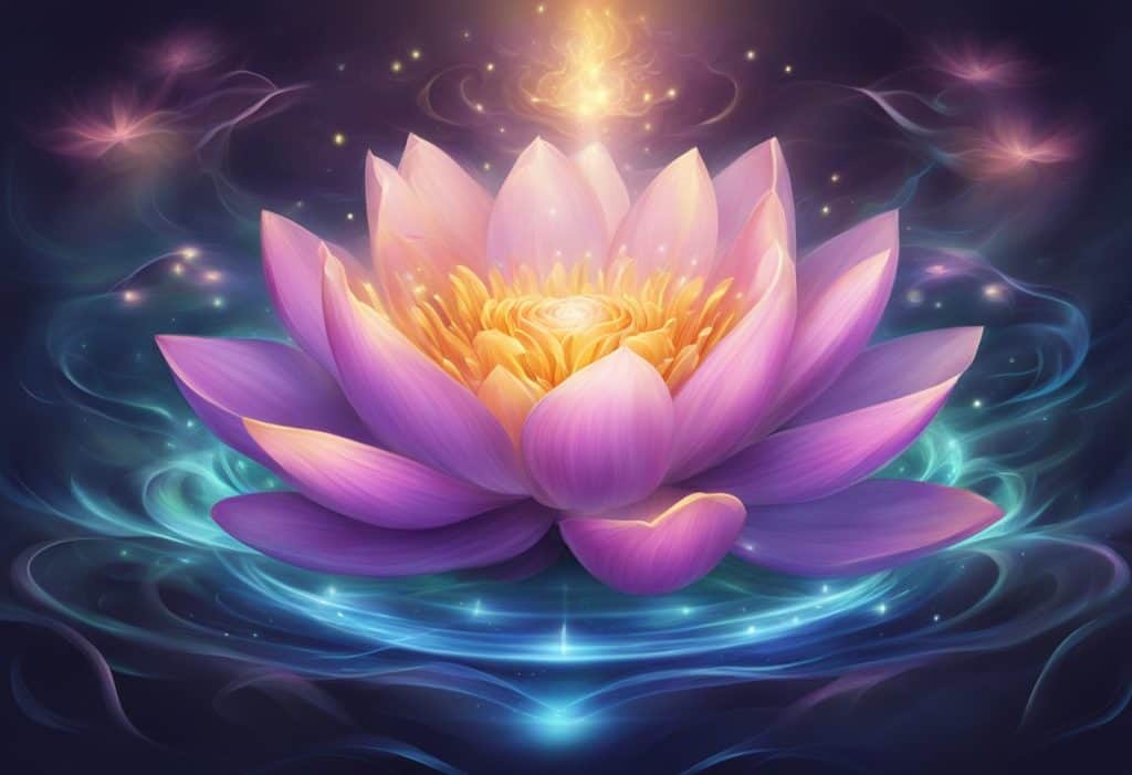 A glowing lotus flower surrounded by swirling energy, emanating a sense of ancient wisdom and spiritual power