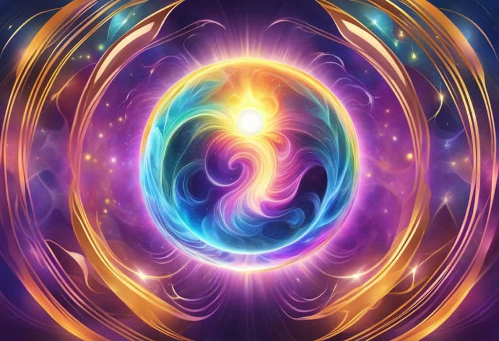 A glowing orb of prana shakti emanates energy, surrounded by swirling waves of vibrant colors and pulsating light