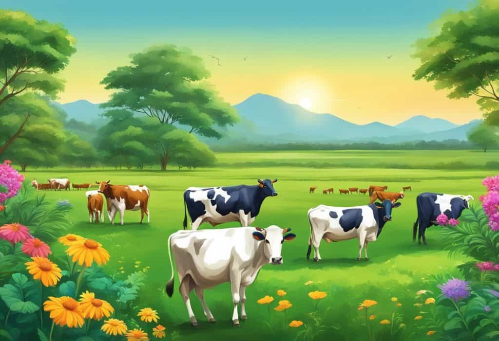 Lush greenery, colorful flowers, and grazing cows in the serene landscape of Vrindavana