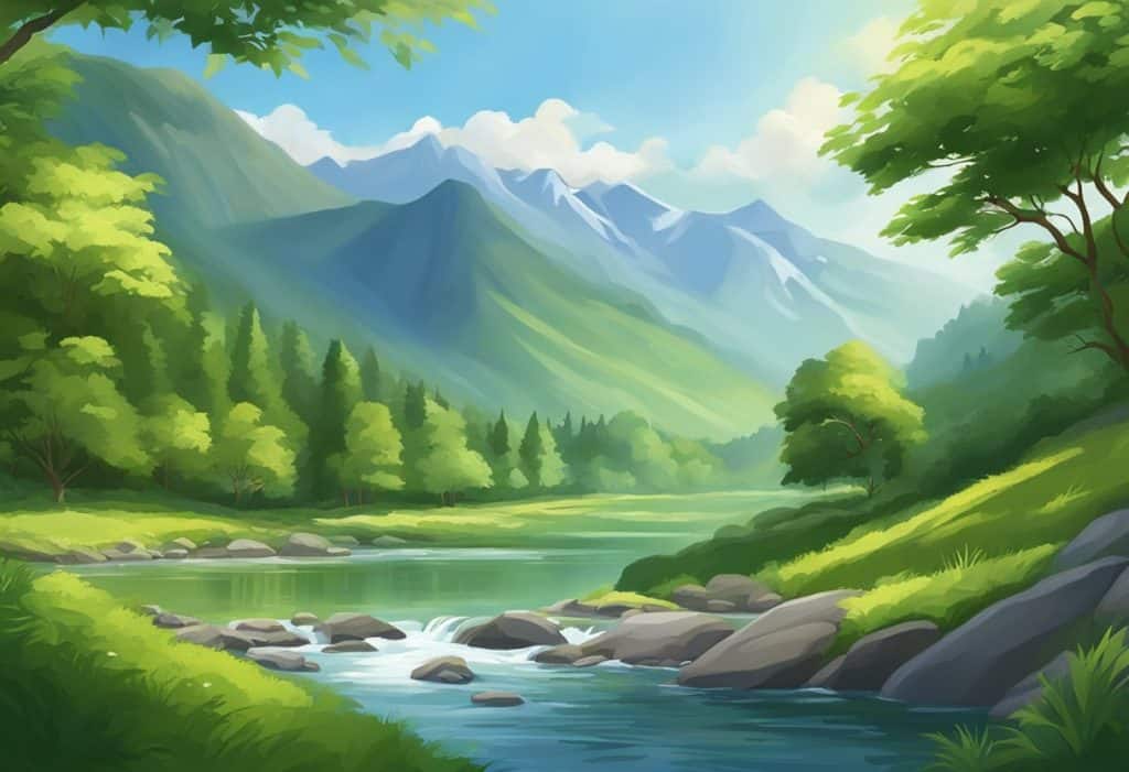 A serene landscape with lush greenery, flowing rivers, and majestic mountains, evoking a sense of tranquility and spiritual connection